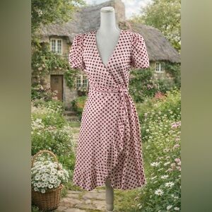 Draper James RSVP Women Floral Red Embroidered Ruffle w/Puff Sleeve Wrap Dress S